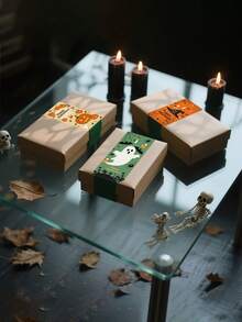 4pcs/Sheet Happy Halloween Sealing Stickers, Large Rectangular Gift Box DIY Packaging PVC Stickers