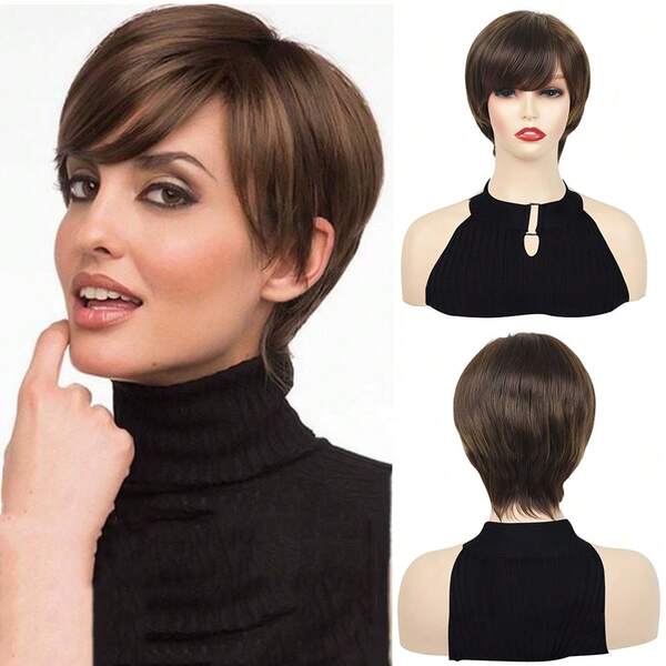 Synthetic Short Pixie Cut Straight Brown Wig With Side Bangs For Women Daily Party Cosplay Fake Hair Heat Resistant