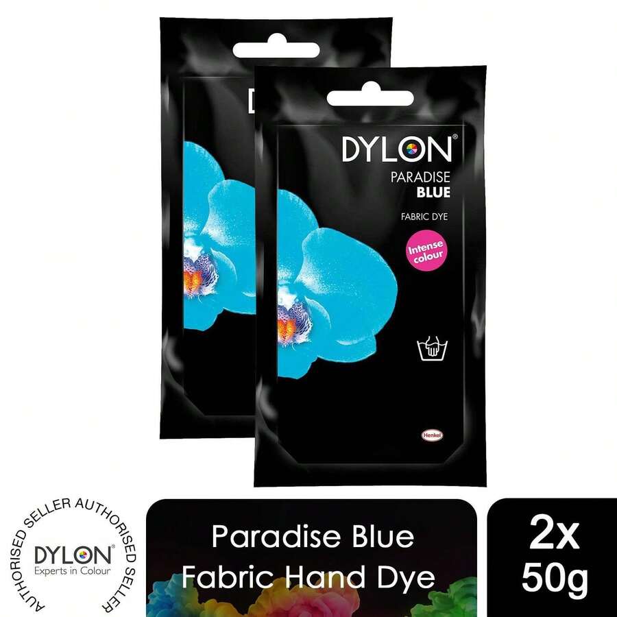 Dylon Hand Fabric Dye Sachets 2 Pack 50g Each For Clothes, Home Textiles, Soft Furnishings, Easy To Use For Customising And Refreshing Fabrics At Home - Paradise Blue - View 1