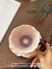 1pc Vintage Dreamy Purple Hibiscus Ceramic Coffee Cup & Saucer, Hand-Painted Underglaze Latte Mug, Gift For Afternoon Tea