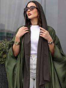 Muslim Fashion Abaya Cardigan With Batwing Sleeves, Long Robe Dress (Headscarf Not Included) - Army Green - View 3