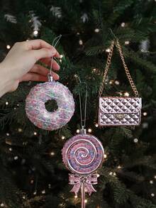 1pc Pink Christmas Decoration, Christmas Tree Ornament, Candy, Snowman, Christmas Tree Accessories, Holiday Party Decor, Suitable For Wedding, Party, Bar, Family Gathering, Rhinestone Pink, Gift For Friends - Pink - View 12