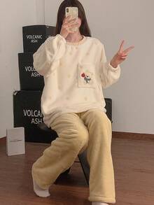 两件套女士黄色波点法兰绒蓬松睡衣套装，卡通熊刺绣，冬季抽绳家居服，舒适保暖服 - 黃色 - 查看 1