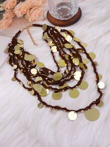 1pc Multi-Layer Braided Rope Exaggerated Waterfall Geometric Round Sequin Necklace - Waterfall Stacking Necklace - View 5