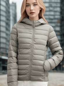 Women's Jacket Quilted Contrast Color Pocket Zipper - Beige - View 1
