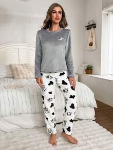 Flannel Patchwork Happy Cow Embroidery Top And Pants Fluffy Pajama Set, Warm, Fall Winter Clothes, Cozy - Grey - View 5