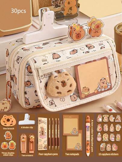 1pc Capybara Cartoon Transparent Pencil Case, Multi-Layer Zipper Design, Capacity For 80 Pens, Can Store Desktop Stationery, Office Supplies And Other Items, Student Pencil Case, Office Supply Organizer Bag, Back To School Gift For Family And Friends, Suitable For Students, Men And Women, Back To School Essential