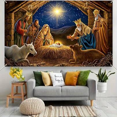 Pancarta navideña con escena del nacimiento de 179,98 x 109,98 cm - Jesús joven con pastores, decoración de poliéster para interiores y exteriores, adecuada para el hogar, el jardín y los suministros para fiestas