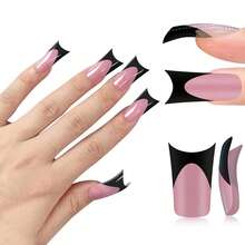 Black French Tip Duck Feet Nail Tips Full Cover For Press On Acrylic With Moon Curve, BERRY PINK Extra Thick Medim Long, Flare Wide Soft Gel Fake False Nail Extension X 15 Sizes 150 Pcs - Duck Nails Black French Tips Berry Pink Moon Curve - 查看 1