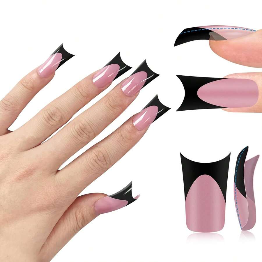 Black French Tip Duck Feet Nail Tips Full Cover For Press On Acrylic With Moon Curve, BERRY PINK Extra Thick Medim Long, Flare Wide Soft Gel Fake False Nail Extension X 15 Sizes 150 Pcs - Duck Nails Black French Tips Berry Pink Moon Curve - 查看 1