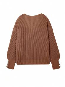 Women's Basic Oversized V Neck Button Sweaters Dressy Casual Lightweight Ribbed Knit Pullover Sweater Tops