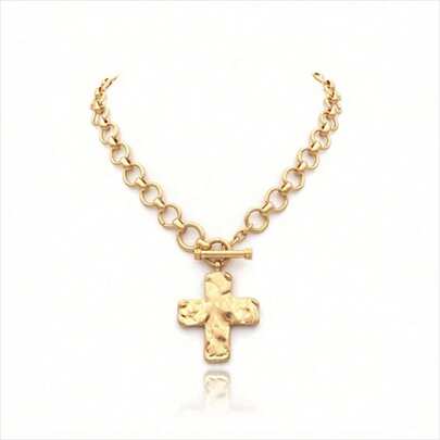 Hammered Bold Cross Necklace Thick Chain Set For Women Men Chunky Golden Silvery Statement Pendant Necklace Vintage Chain Pendant Jewelry