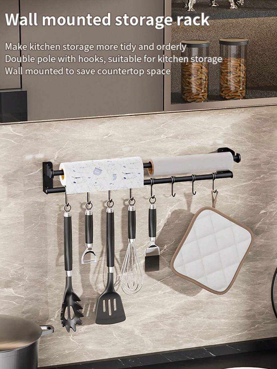 1pc Kitchen Hook Rack No Punch Hanging Rod Kitchen Storage Rack Spatula Spoon Hanger Wall Mounted Kitchenware Storage