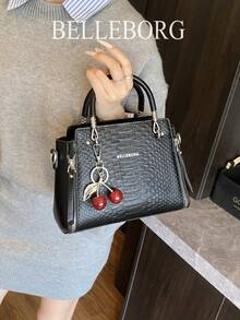 BELLEBORG 时尚通勤鳄鱼压纹女士手提包，带吊坠 - 黑色 - 查看 4