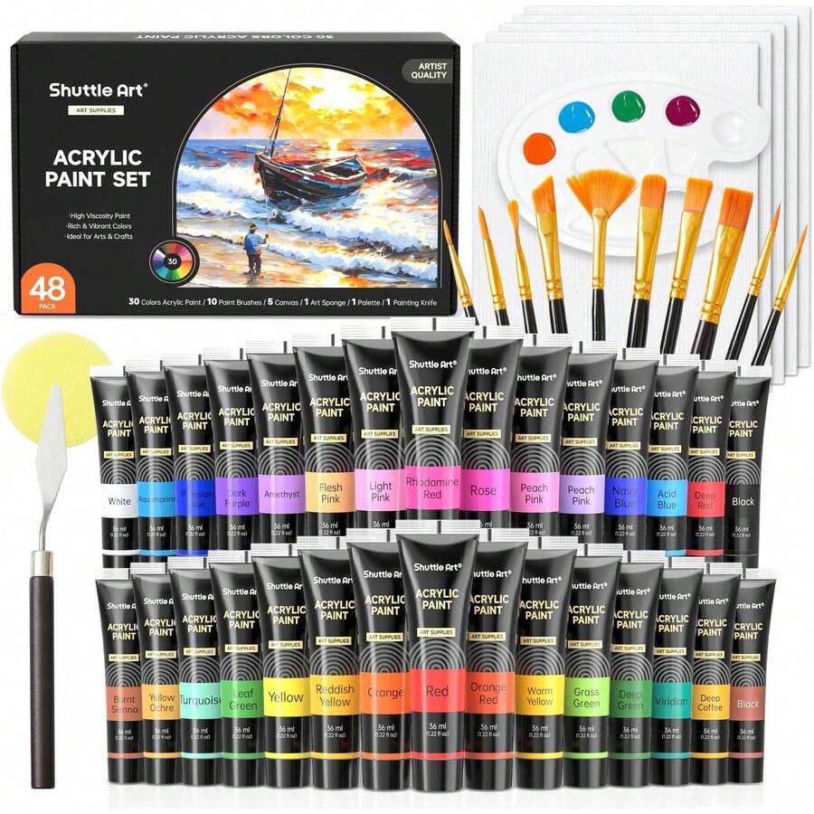 Art 48 Pack Acrylic Paint Set, 30 Colors Acrylic Paint (36ml) With 10 Brushes 5 Canvas 1 Paint Knife 1 Palette 1 Sponge, Complete Set Kids, Adults Painting On Canvas Rocks Wood Ceramic - 1 - 查看 1