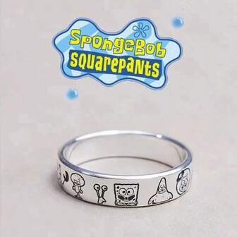 SPONGEBOB Set de 2 anillos de pareja con el personaje de dibujos animados Bob Esponja, de plata y ajustables. Accesorios de anime, regalos de cumpleaños, regalos conmemorativos de pareja, regalos decorativos perfectos