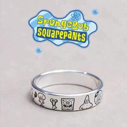 SPONGEBOB 2pcs /Set Cartoon SpongeBob Character Couple Silver Rings - Adjustable, Cartoon Anime Peripherals, Birthday Gifts, Couple Commemorative Gifts, Perfect Decorative Gifts