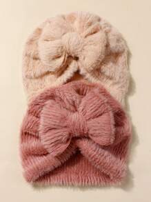 2pcs Cute Fluffy Bow Baby Hat Set, Suitable For Children Everyday Use In Autumn/Winter - Multicolor - View 9
