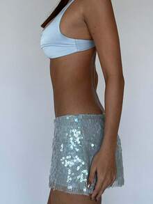 Women Y2K Sequin Mini Skirt Low Waist Sparkle Beaded Glitter Shiny Bodycon Skirt Night Out Party - 藍色 - 查看 4