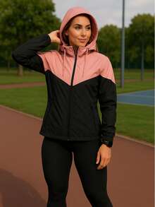 Women's Windbreaker Jacket Waterproof Lined Casual Fabric Zipper Evening Airport Clothes Travel Autumn Winter - 黑色和粉紅色 - 查看 2