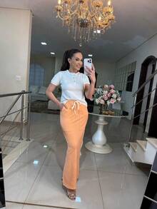 Women's Fleece Set With Long Skirt And Button-Down Top – Style, Comfort And Versatility For Everyday Life - 橘色 - 查看 2