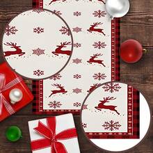 1/25pcs Christmas Red & Black Plaid, Reindeer & Snowflake Printed Linen Table Runner, Suitable For Holiday Parties, Birthday Dinners, Kitchen & Dining Room Decor, Furniture & Home Textile Decor. It Is A Multi-Purpose Home Decor Item Applicable For All Seasons, Perfect For Party/Holiday Decorations, And Also An Excellent Gift For Parents And Friends.