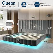 Modern Platform Bed Frame Queen/King Size With LED Lights, Velvet Upholstered Bed Frame With Oversized Headboard, Sturdy Construction, No Box Spring Needed, Cream , Grey , Black - Grey - View 2