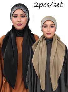 1 pieza/2 piezas Pañuelo musulmán de color liso con rhinestones para mujer, turbante de moda versátil adecuado para uso diario con vestido