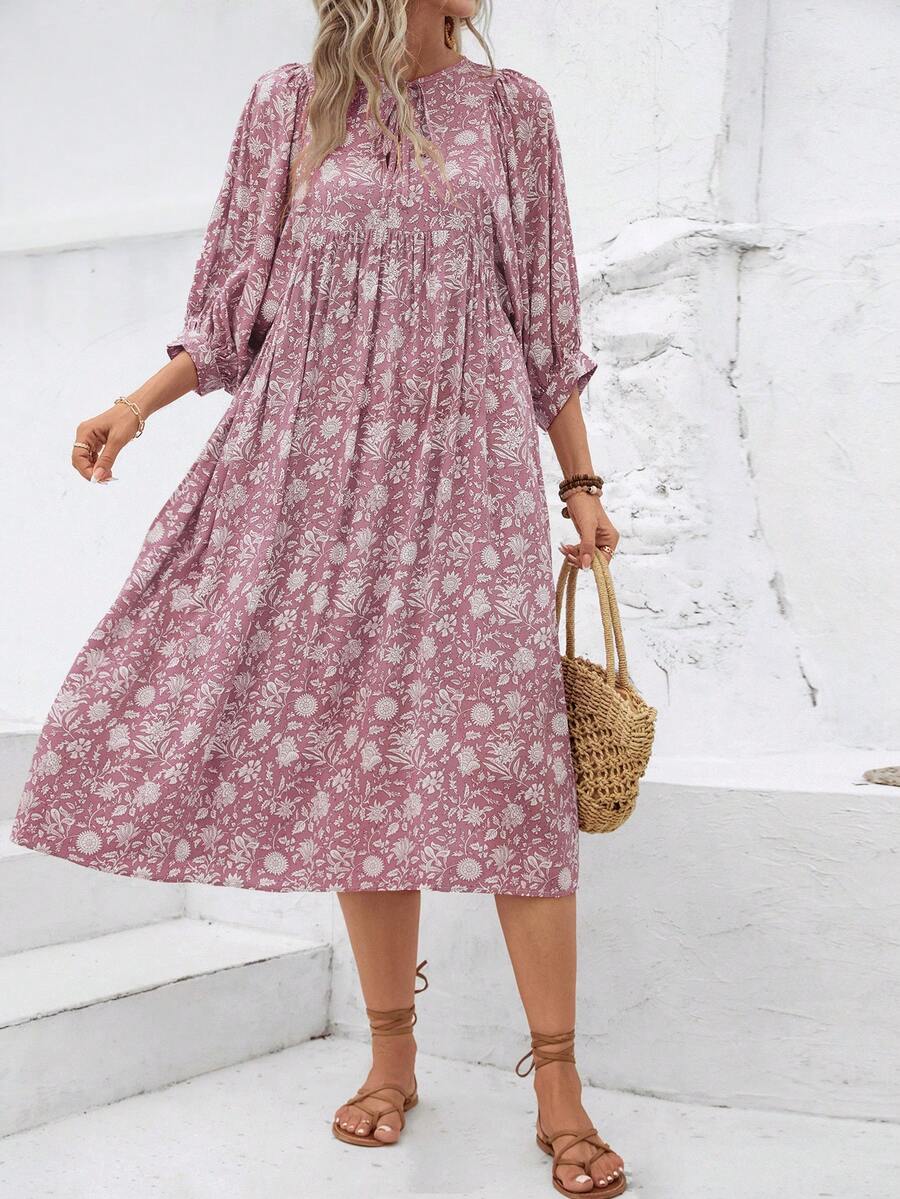 Đầm tay phồng cổ thắt nút in họa tiết toàn thân, kiểu dáng thanh lịch, thích hợp mặc hàng ngày hoặc đi nghỉ mát. - Màu tím hoa cà - Xem 1