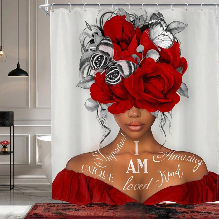 Rèm tắm, 66x72 inch, họa tiết hoa mẫu đơn, trích dẫn động lực của người Mỹ gốc Phi, rèm phòng tắm bằng vải màu xám hình bướm, phụ kiện phòng tắm, trang trí có móc treo, trang trí phòng tắm - A2-đỏ - Xem 1