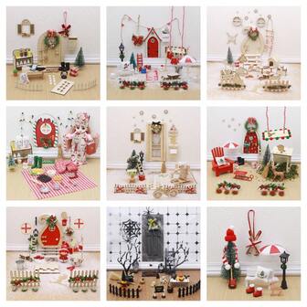 Hot Christmas Dollhouse Set Dollhouse Courtyard Decor Accessories Miniature Fence Miniature Wooden Magical Door Kit Fairy Gnome Garden Door Xmas Craft Set ,Mini Pillow Swing Floor Mat Light String Christmas Doll Accessories For Festival Miniature Toy Decorative Gift