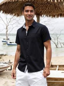 Men's Linen Shirts Short Sleeve Button Casual Tops Summer Beach Vacation Tee Mens Short Sleeve Button Down Hawaiian Shirts - 黑色 - 查看 2