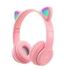 Kids Headphones, Cat Ear LED Light Up Bluetooth 5.0 Foldable Wireless Gaming Headset For Kids Adult, Built-In Mic Noise Cancelling Over Ear Headphones For Study/Travel