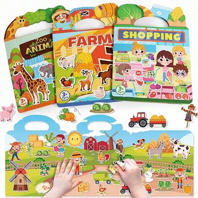 Sách dán hình tái sử dụng cho trẻ em, 6 bộ sách dán hình du lịch có thể tháo rời dành cho trẻ mới biết đi từ 3 đến 5 tuổi, quà tặng sinh nhật cho bé trai và bé gái, đồ chơi học tập giáo dục - Động vật đại dương và sở thú