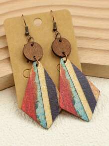 1 对 多层几何拼布波西米亚风软木感觉叶图腾耳环 女士