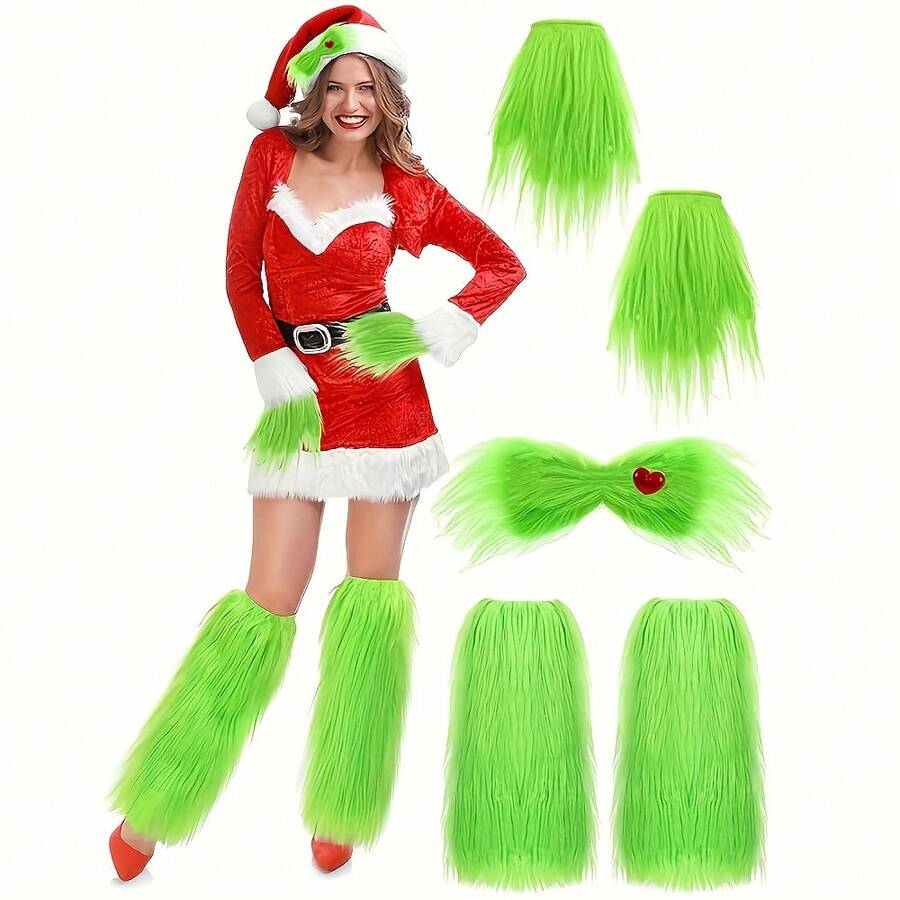 3 Pezzi Set Accessori Costume di Babbo Natale Mostro di Natale per Donna, con Coprigambe in Pelliccia Verde Finta, Guanti Verdi, Fiocco Peloso, Accessori per Costume Adulto, Decorazioni Natalizie per Casa e Stanza, Regali di Natale