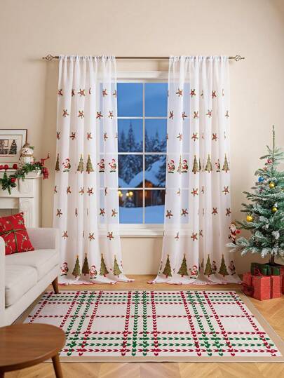 Cortina bordada com tema de árvore de Natal e Papai Noel, 1 peça, adequada para festa de Natal, decoração para sala de estar, cozinha, quarto