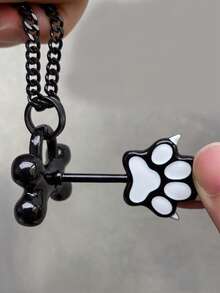 1/2pcs Bone & Cat Paw Pendant Necklace Chain, Black Metal Unisex Fashion Jewelry Gift, Everyday Wear - màu đen - Xem 2