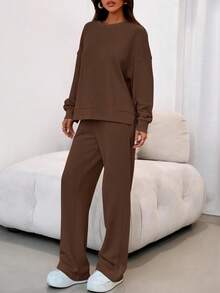 Women's Two-Piece Suit, Sports Suit, Loose Sweatshirt, Sports Pants, Autumn Fashion Casual Matching Suit. - 棕色 - 查看 5