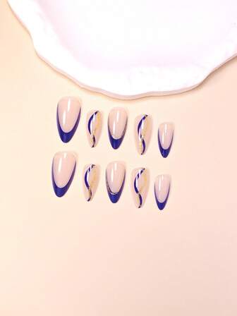24 piezas de pegatinas de arte de uñas con forma de almendra, estilo francés elegante en azul, rayas azules, rayas doradas, uñas rosas, rayas de purpurina de moda, uñas postizas de estilo francés azul oscuro, pegatinas para cubrir toda la uña adecuadas para mujeres y niñas. Incluye un set de salón de uñas con 1 pieza de gel de gelatina y 1 pieza de lima de uñas. El gel de gelatina se envía al azar.