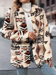 Women's Geometric Pattern Hooded Fleece Jacket - Mid-Length Casual Winter Coat, With Front Pockets, Machine Washable & Single Button Design, Suitable For Autumn/Winter, Pattern, Long-Lasting Warmth - Apricot - View 3