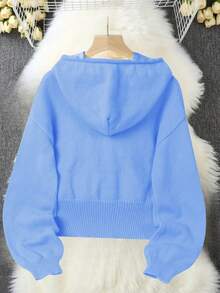 Front Button Casual Solid Color Long Sleeve Hooded Knit Cardigan - Blue - View 3
