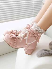 Women Cute Lolita Boots Chunky Mid Heel Ankle Boots With Bow Platform Lace Up Booties With Pearl - Hồng - Xem 6