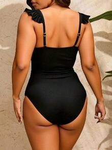 Swim Lushoire Summer Beach Plus Ruffle Trim Cut Out Ruched One Piece Swimsuit - Black - View 3