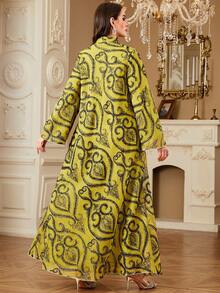 Women's Embroidered Robe, Ramadan Moroccan Applique Robe, Arabic Islamic Dubai Abaya Ramadan Prayer Gown, Random Cut Dubai Long Dress - Mustard Yellow - View 5