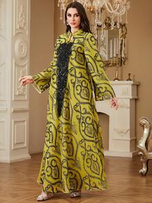 Women's Embroidered Robe, Ramadan Moroccan Applique Robe, Arabic Islamic Dubai Abaya Ramadan Prayer Gown, Random Cut Dubai Long Dress - Mustard Yellow - View 3