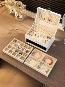 1pc Large Multi-Tier Jewelry Box With Lock, Double Drawer Jewelry Organizer, Multi-Functional Storage Box For Necklace, Rings, Earrings, Watches