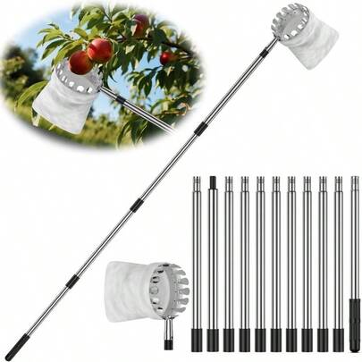 Telescopic Fruit Picker Pole With Basket - Adjustable Fruit Harvester Tool For Apples, Mangoes Lemons, Oranges, Fruit Picker For Tall Trees- Stainless Steel, Lightweight & Easy To Store, Easy Pick Fruit Gatherer