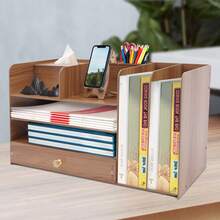 Desk Organizer With Adjustable File Holder, Mail Organizer Worktop With Drawer, 4-Tier Desktop Organization And Desk Accessories For Home Office School Supplies, Wooden File Folder - 櫻桃木色 - 查看 3