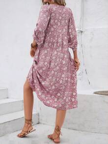 Đầm tay phồng cổ thắt nút in họa tiết toàn thân, kiểu dáng thanh lịch, thích hợp mặc hàng ngày hoặc đi nghỉ mát. - Màu tím hoa cà - Xem 2